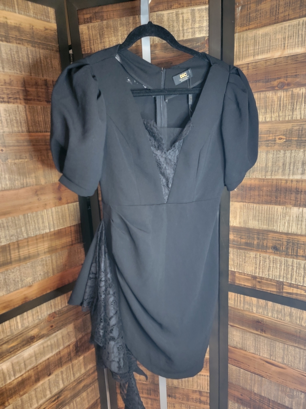 Black Lace-Accent Puff Sleeve Mini Dress
